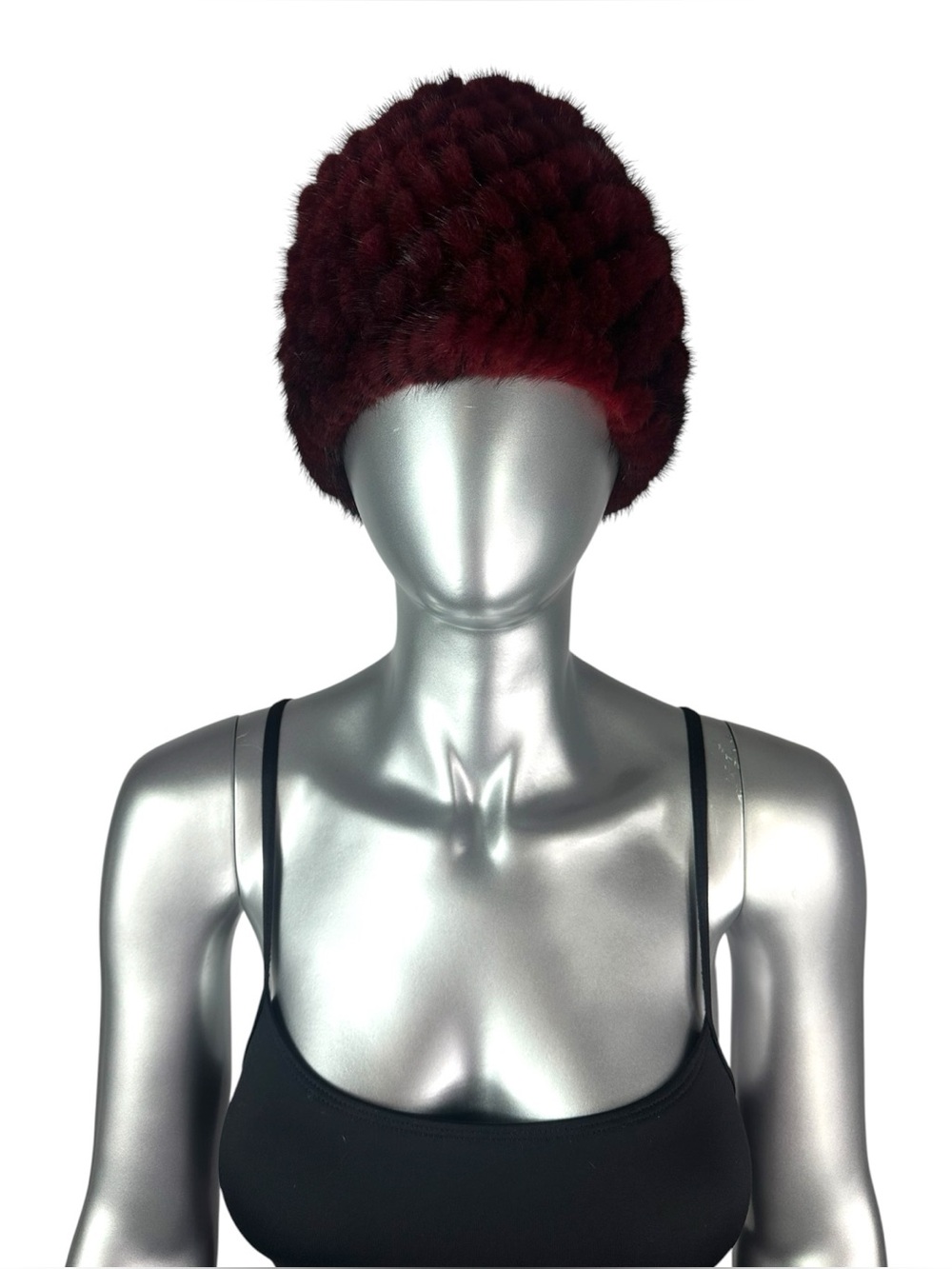 Wine Red MINK Knitted Hat, 21”-23”, w/Stretch, Certified Vintage Fur